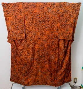 Vibrant Brown Silk Kimono - Peony Botan Pattern with Hand-Painted Accents