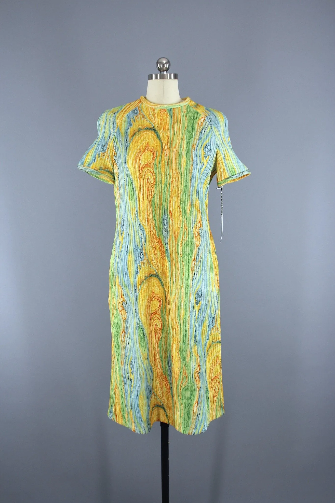 Vintage 1960s Knit Sweater Dress in Yellow Aqua Psychedelic Swirl / Leslie Fay