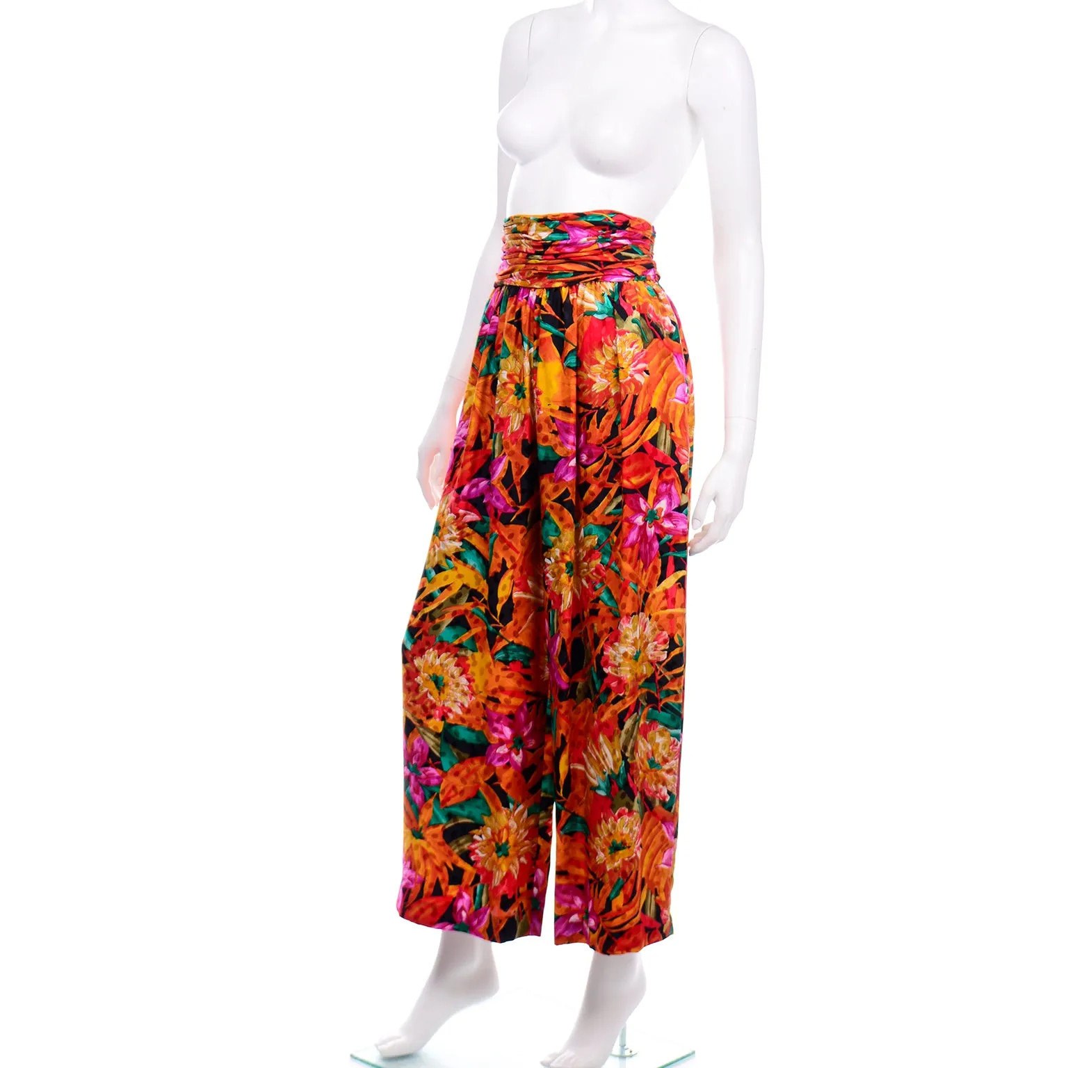 Vintage Bob Mackie Floral Silk High Waisted Wide Leg Pants