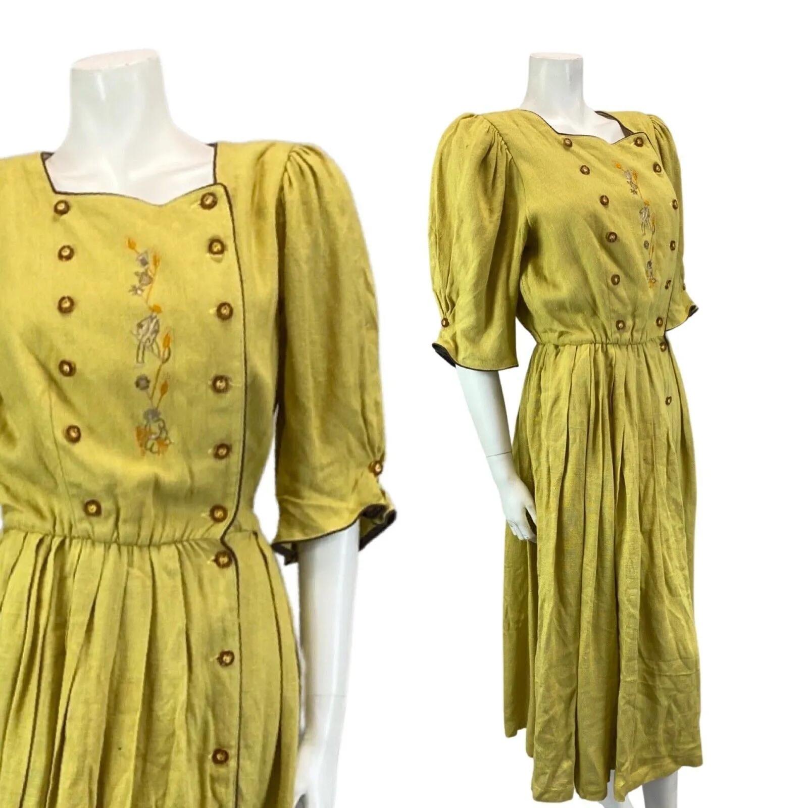 Vintage Yellow Authentic Tyrolean Dirndl Short Sleeve Button Up Maxi Dress M