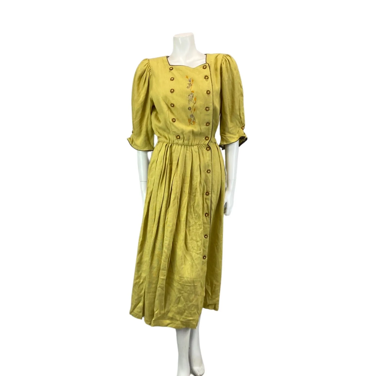 Vintage Yellow Authentic Tyrolean Dirndl Short Sleeve Button Up Maxi Dress M