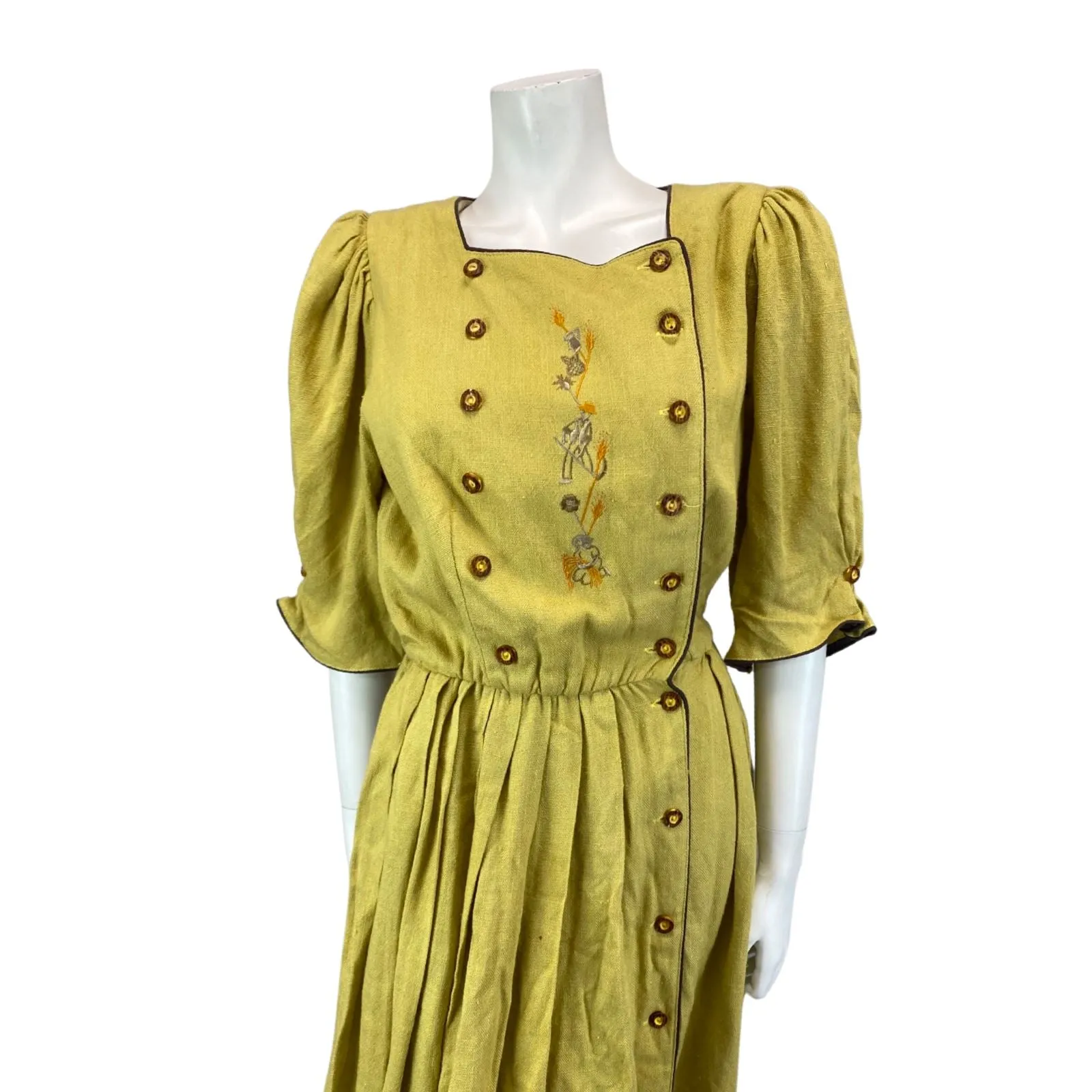 Vintage Yellow Authentic Tyrolean Dirndl Short Sleeve Button Up Maxi Dress M