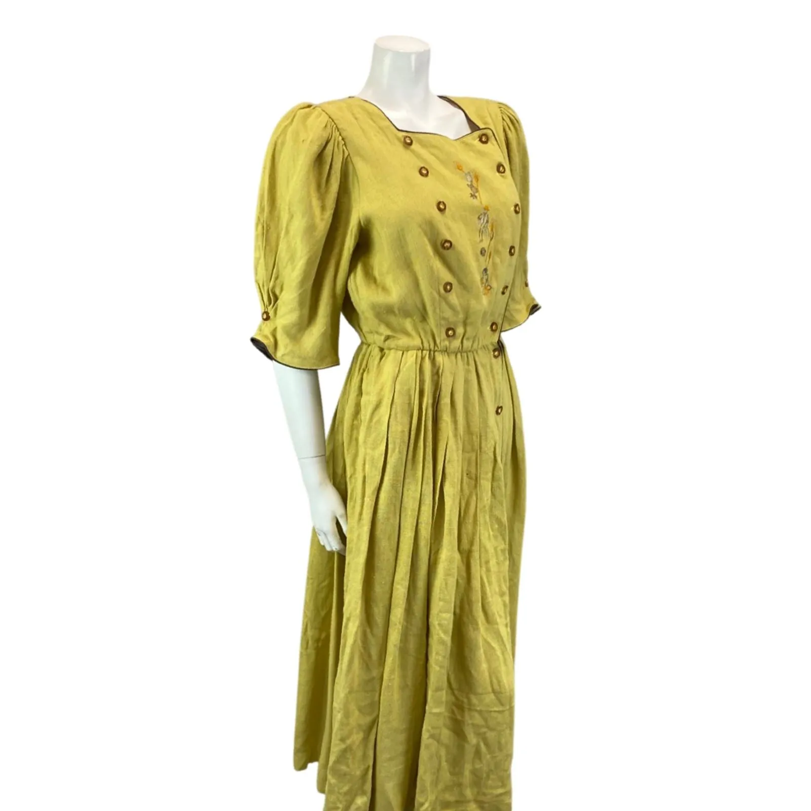 Vintage Yellow Authentic Tyrolean Dirndl Short Sleeve Button Up Maxi Dress M