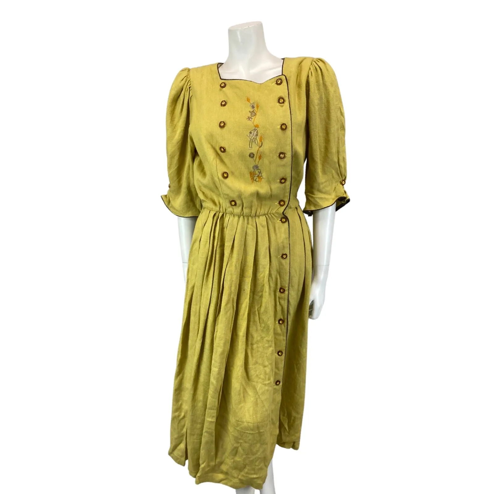 Vintage Yellow Authentic Tyrolean Dirndl Short Sleeve Button Up Maxi Dress M