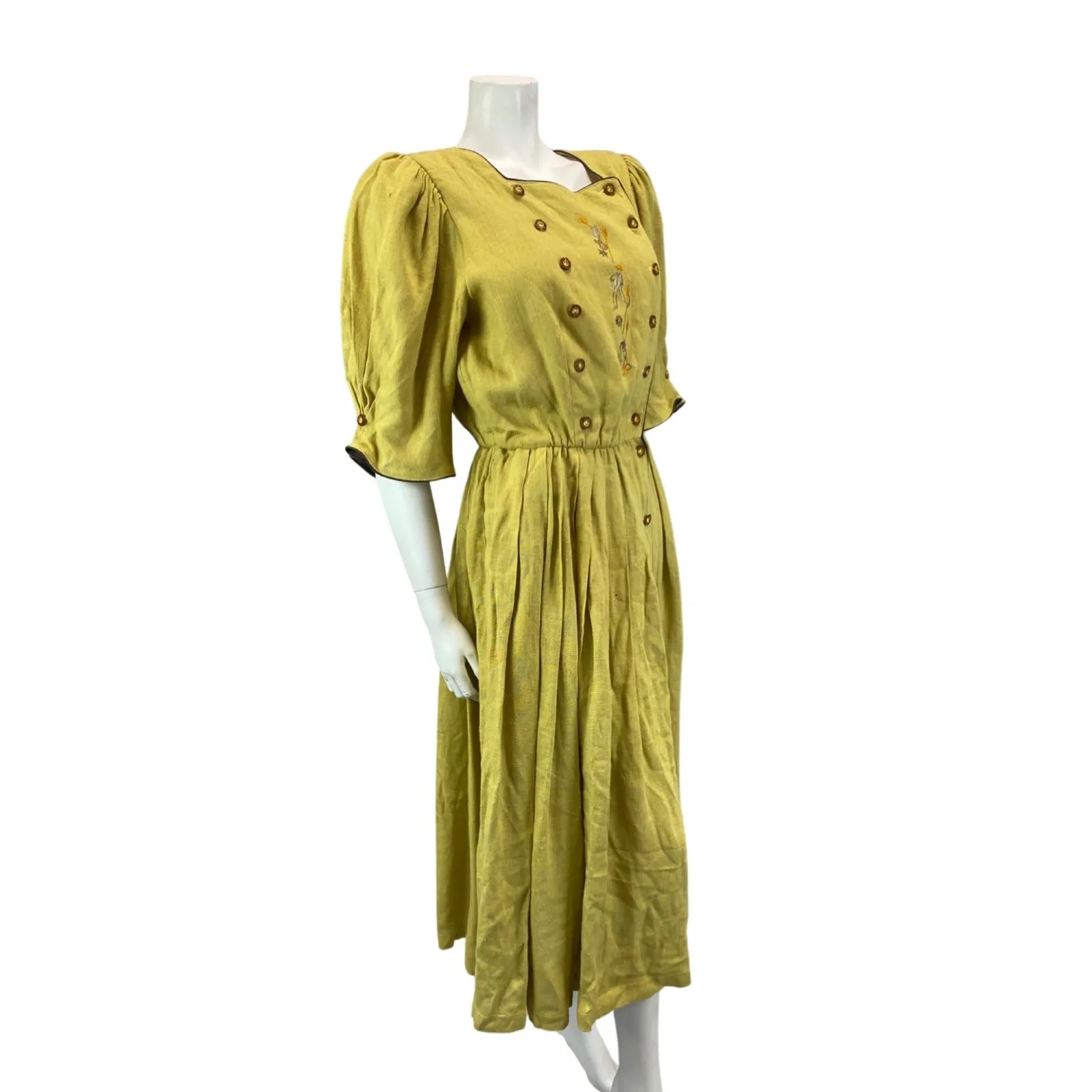 Vintage Yellow Authentic Tyrolean Dirndl Short Sleeve Button Up Maxi Dress M