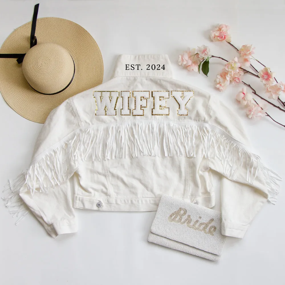 (White Fringe) Custom Patch White Fringe Denim Jacket