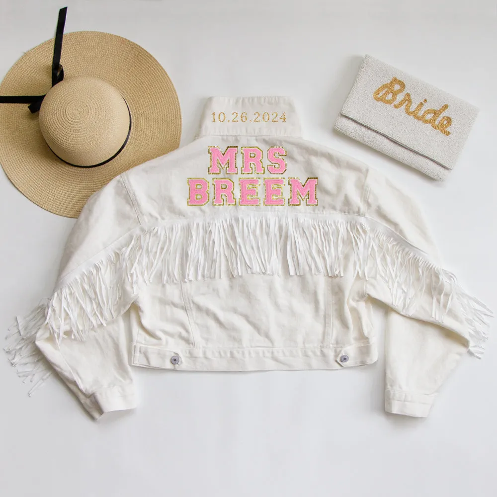 (White Fringe) Custom Patch White Fringe Denim Jacket