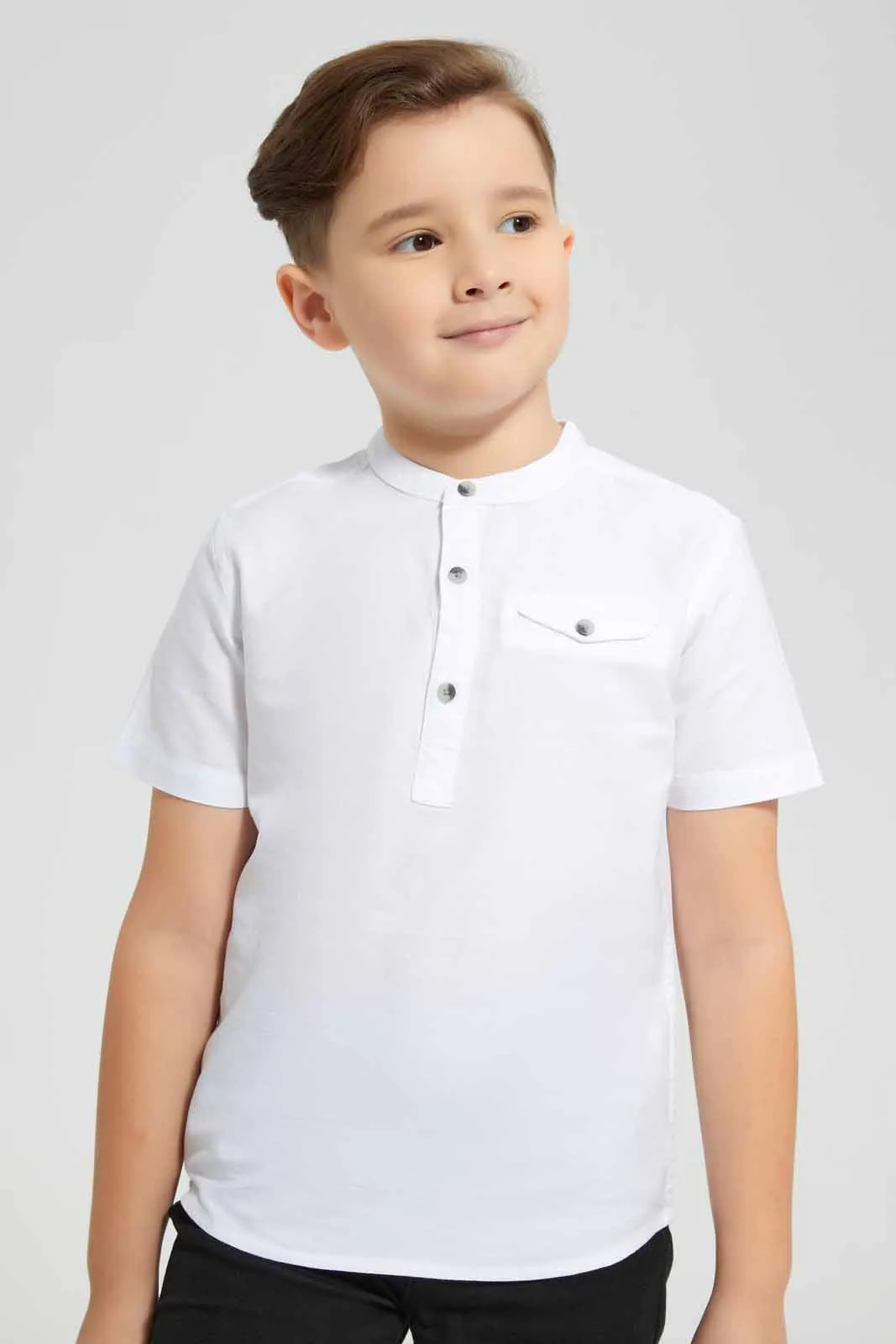 White Oxford Henley Collar Casual Shirt