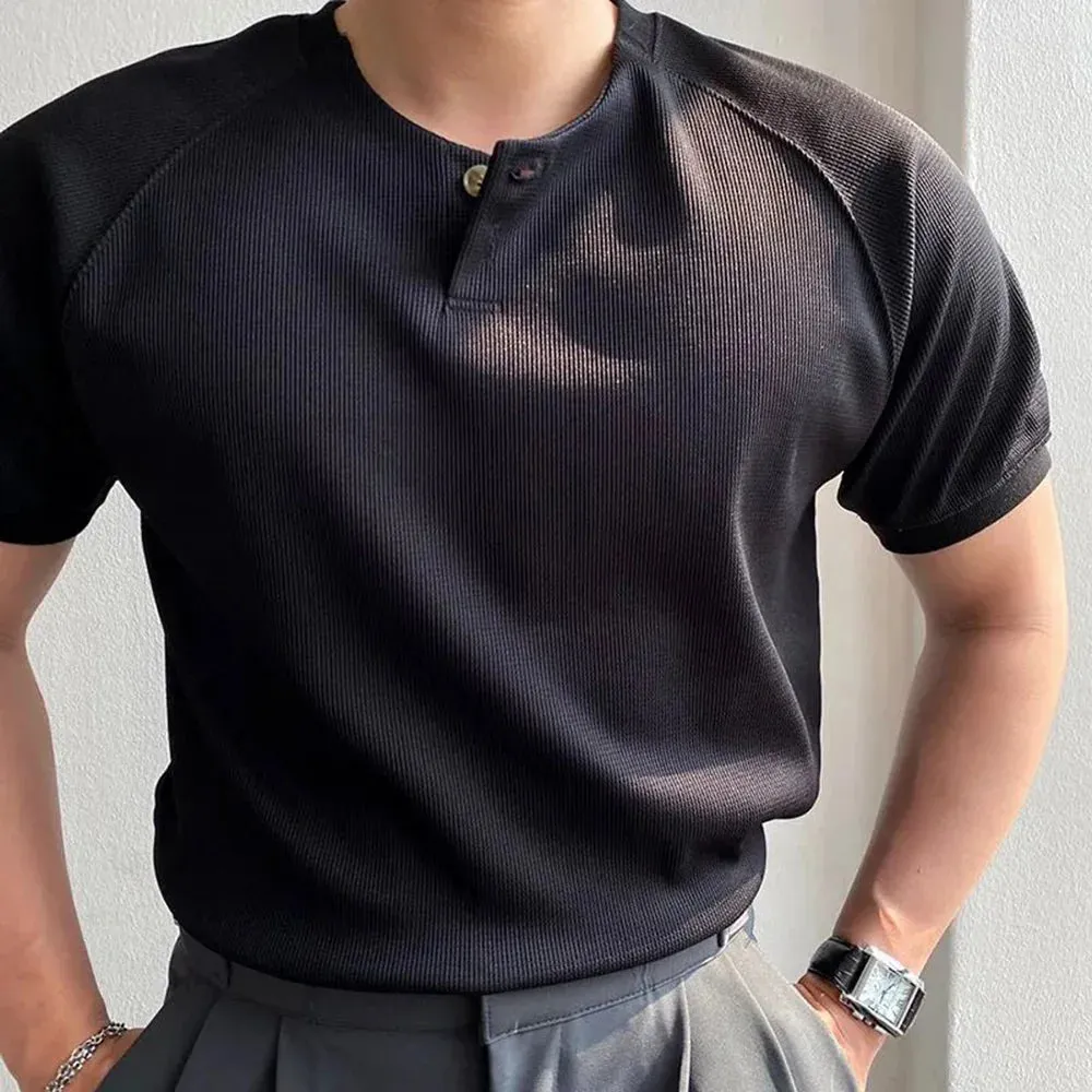 Wiaofellas Casual Short Sleeve T-shirt Top Trendy Men Summer Fitness Sweatshirt All-match Solid Simple Skinny Henley Collar Tees Pullover