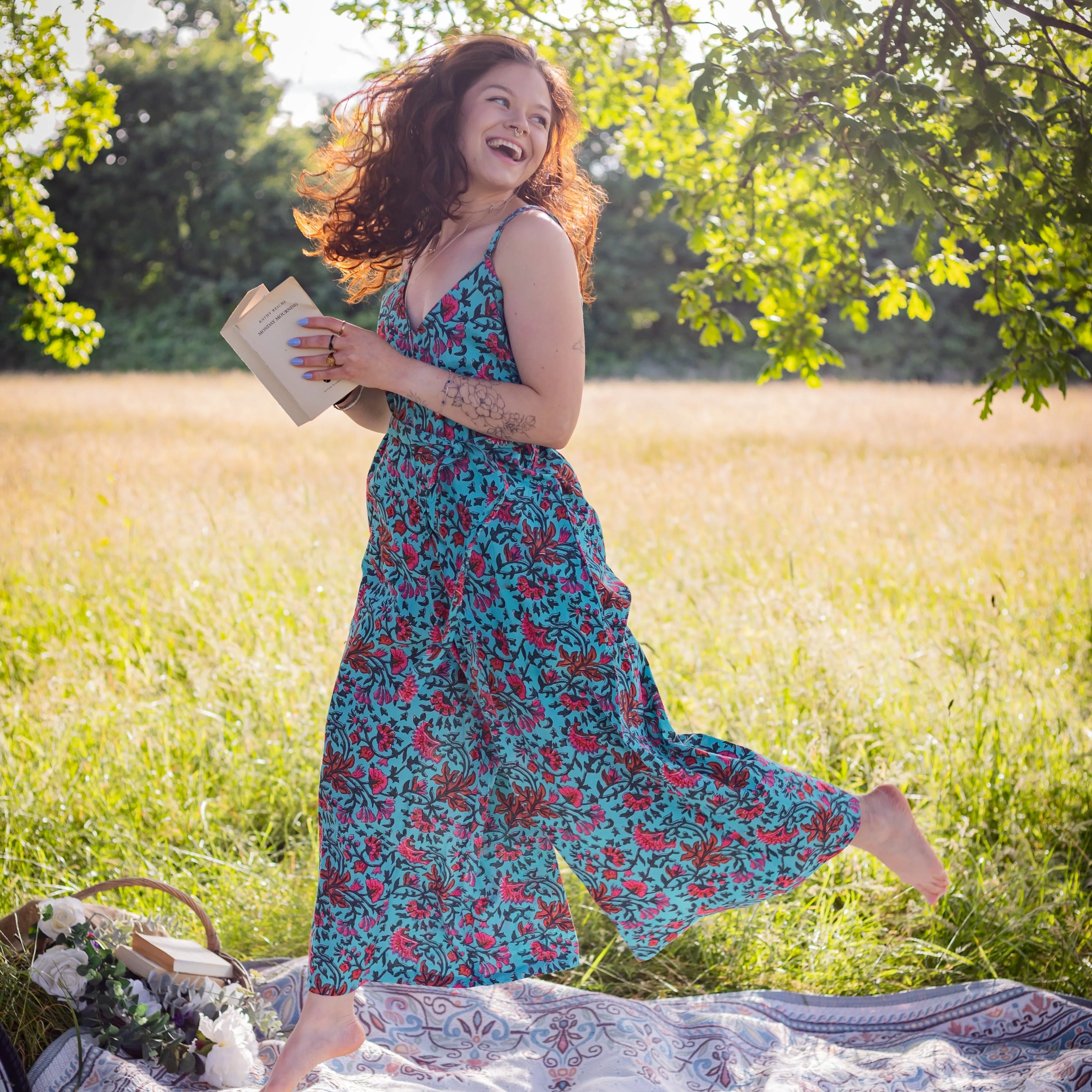 Wide Leg Jumpsuit | Block Print Cotton | Brilliant Blue  - Ex Display