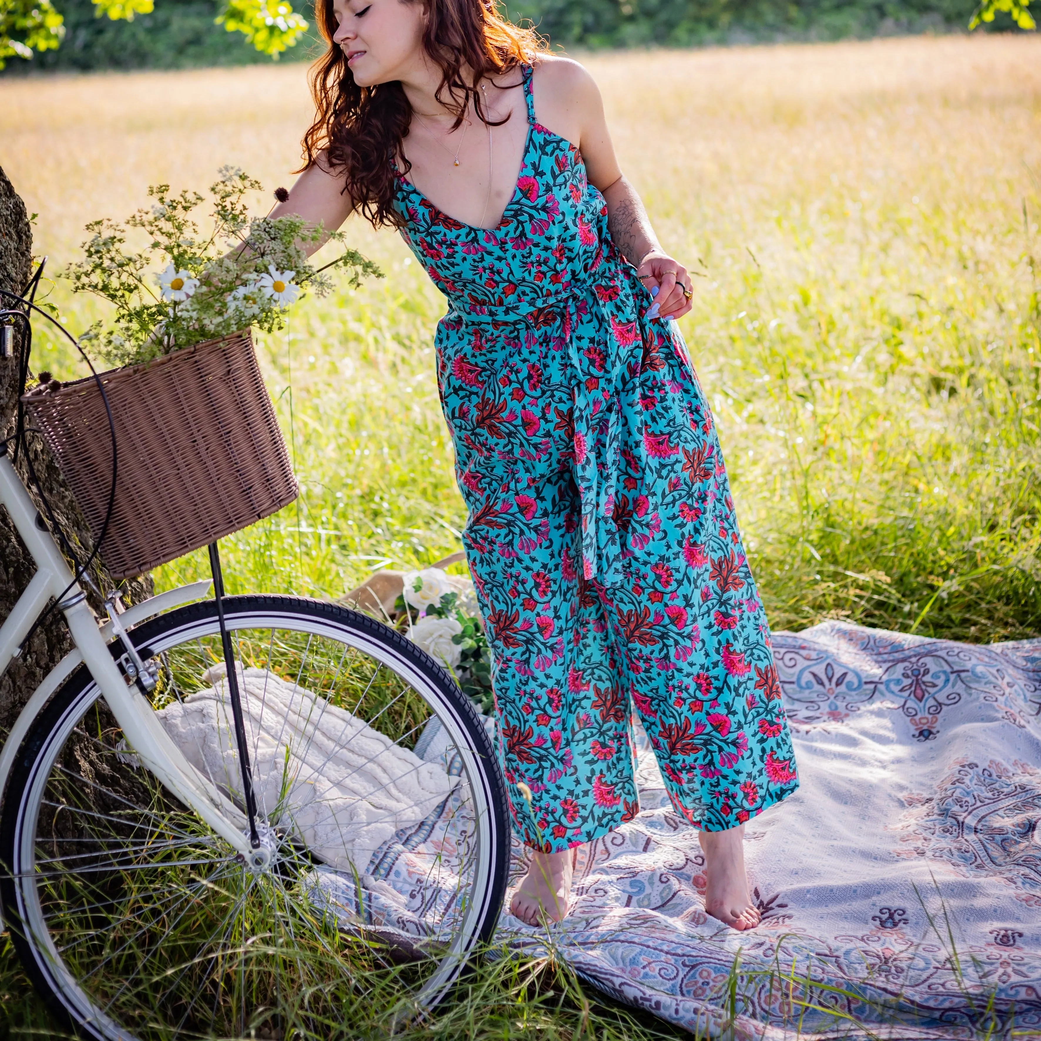 Wide Leg Jumpsuit | Block Print Cotton | Brilliant Blue  - Ex Display