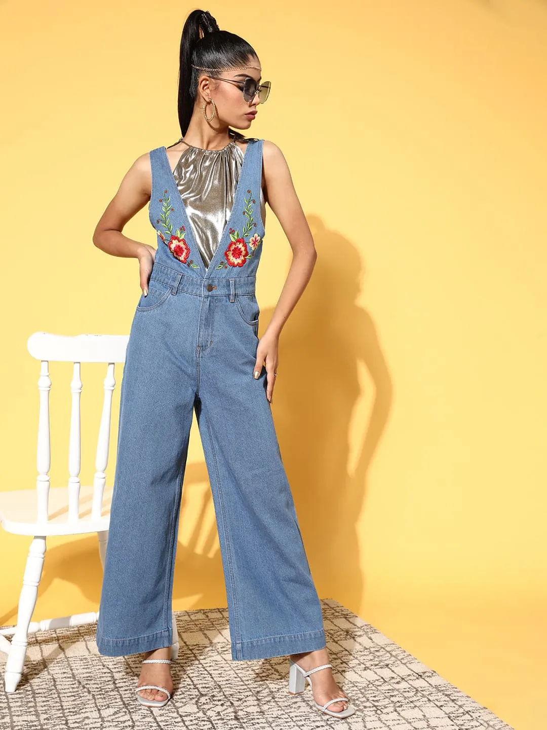 Women Blue Embroidered Detail Denim Jumpsuit