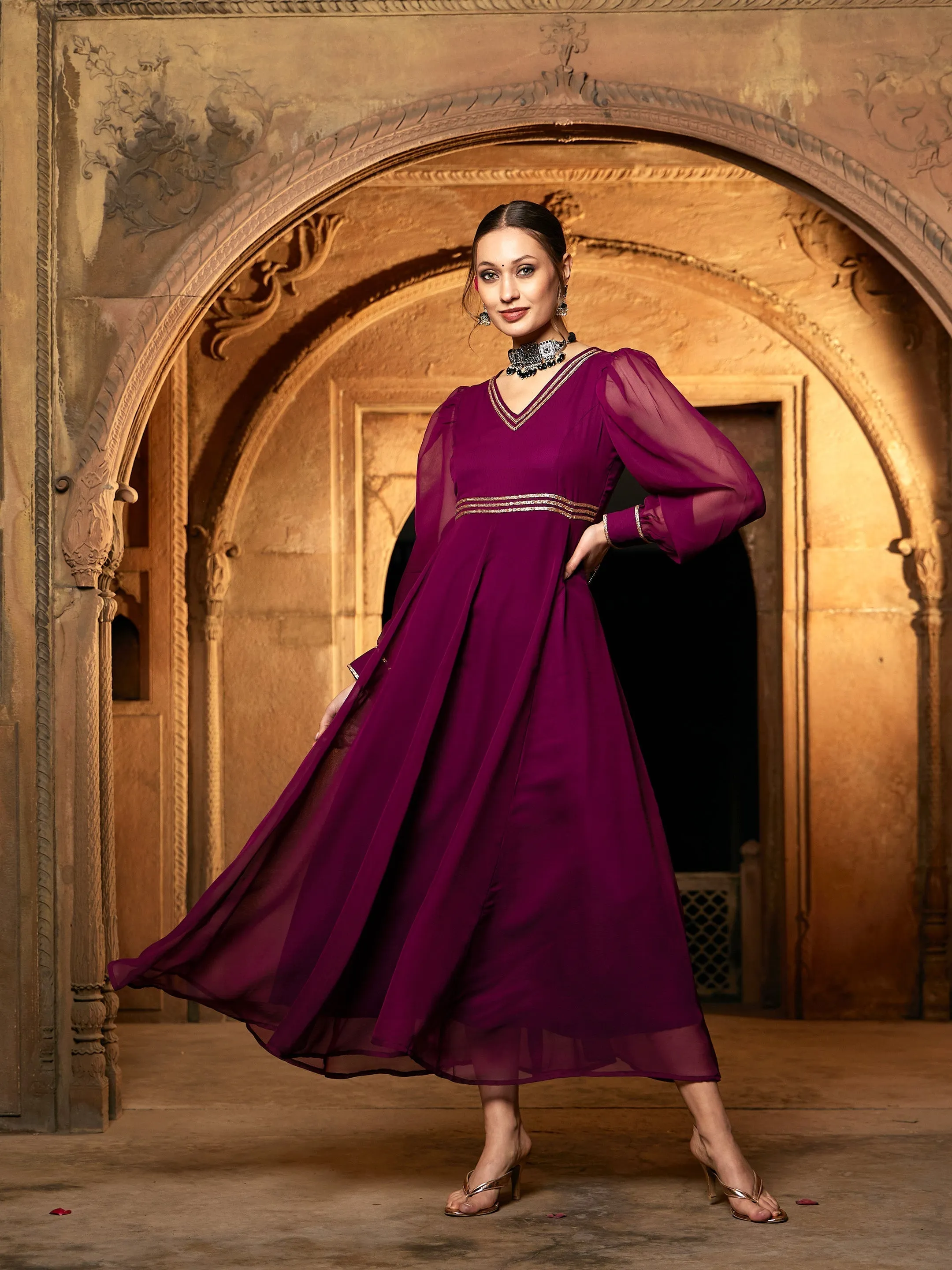 Women Burgundy Lace Detail Chiffon Maxi Dress