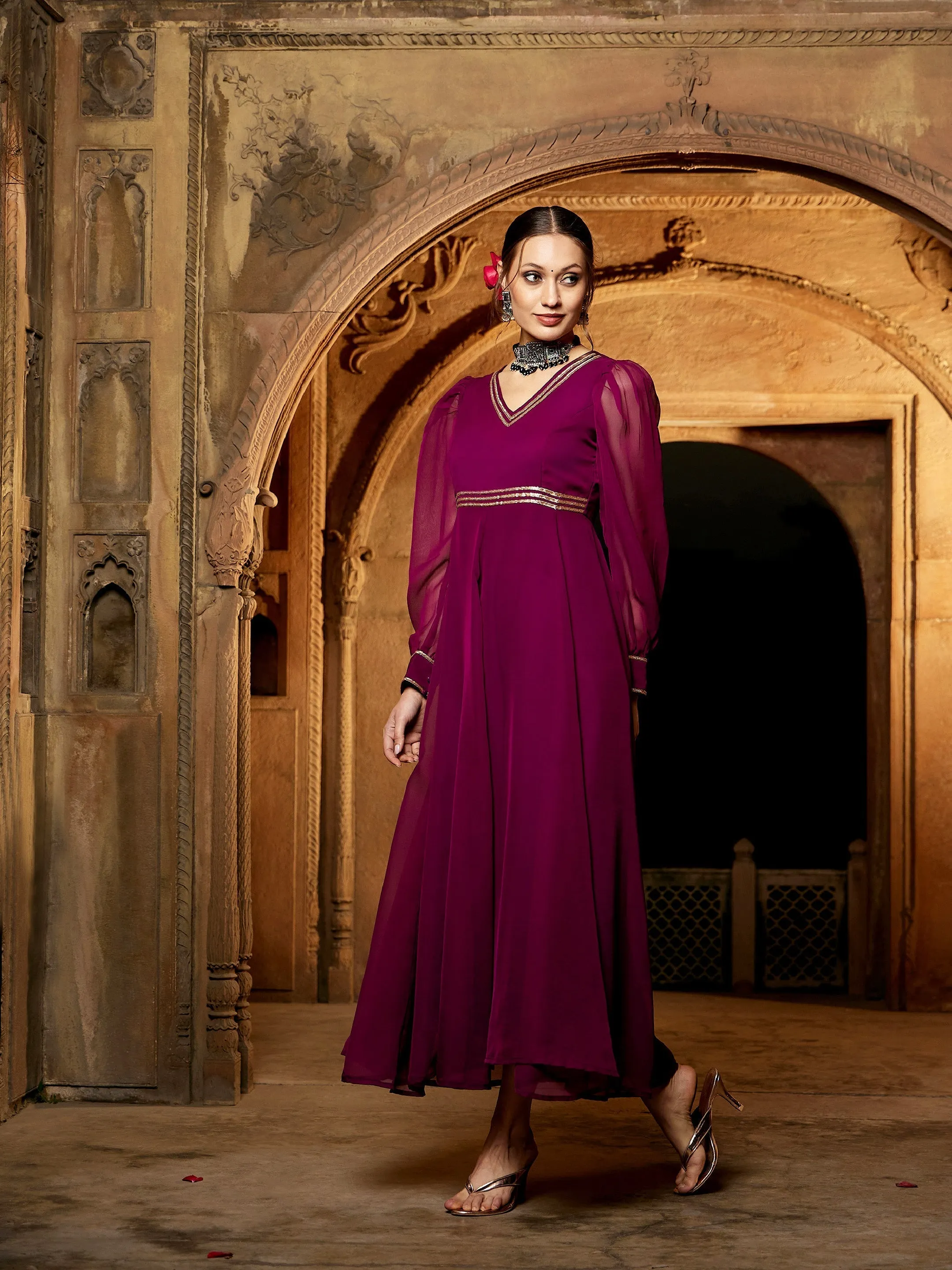 Women Burgundy Lace Detail Chiffon Maxi Dress