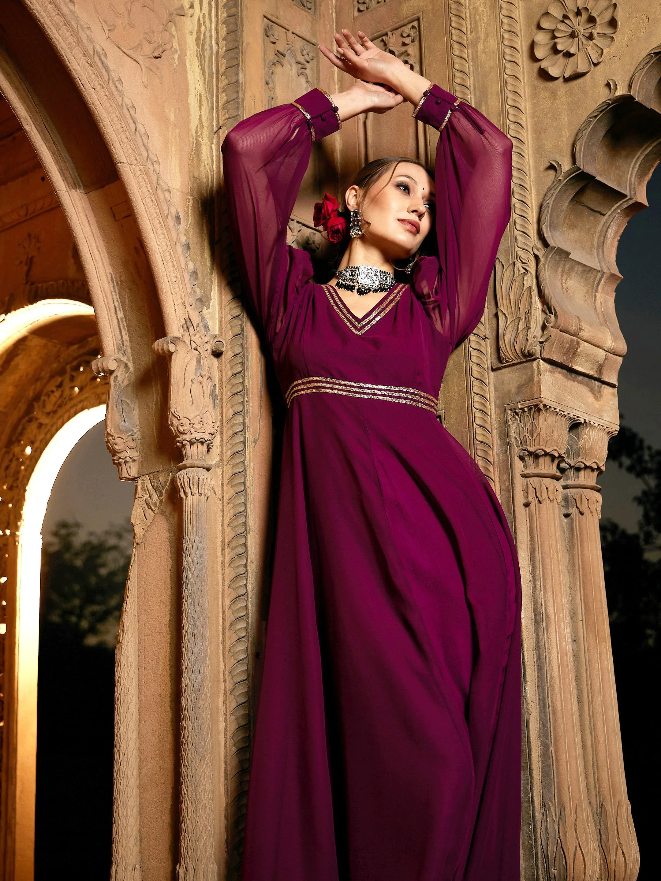 Women Burgundy Lace Detail Chiffon Maxi Dress