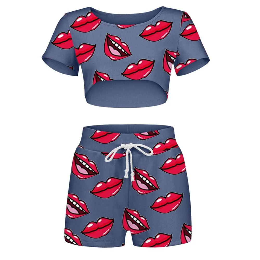 Women Home Fashion Brief Lip Print Sleepwear Elastic Waist Shorts Two-piece Tracksuit Sets Short Top Pajama