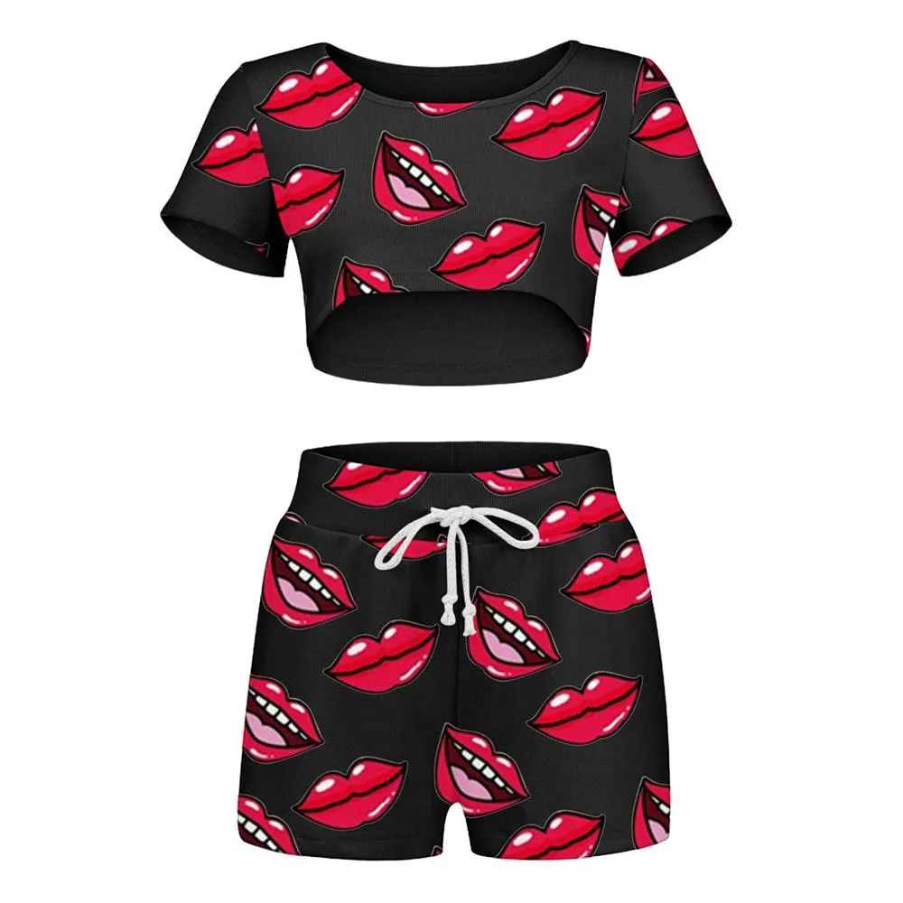 Women Home Fashion Brief Lip Print Sleepwear Elastic Waist Shorts Two-piece Tracksuit Sets Short Top Pajama