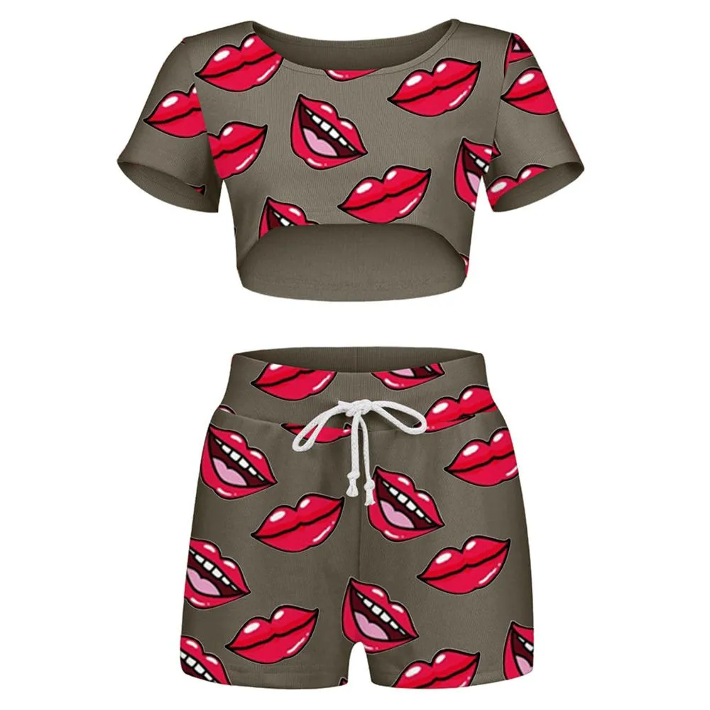 Women Home Fashion Brief Lip Print Sleepwear Elastic Waist Shorts Two-piece Tracksuit Sets Short Top Pajama