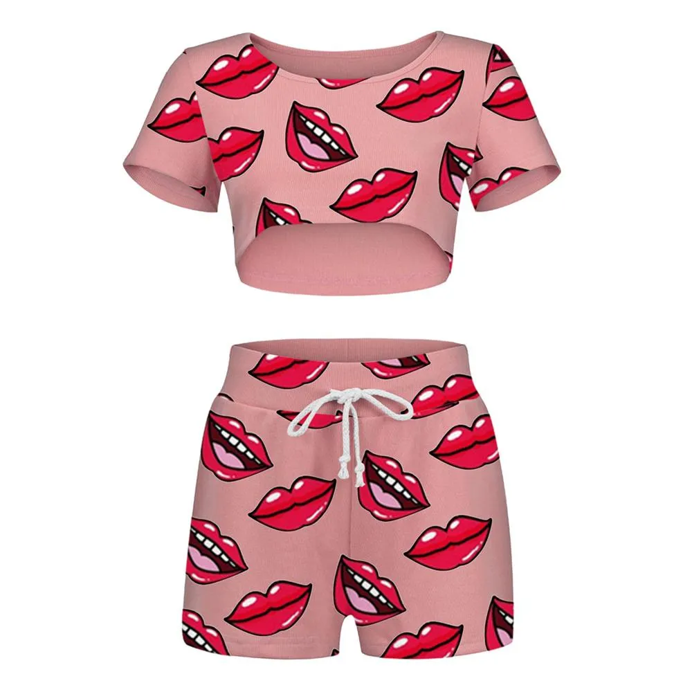 Women Home Fashion Brief Lip Print Sleepwear Elastic Waist Shorts Two-piece Tracksuit Sets Short Top Pajama