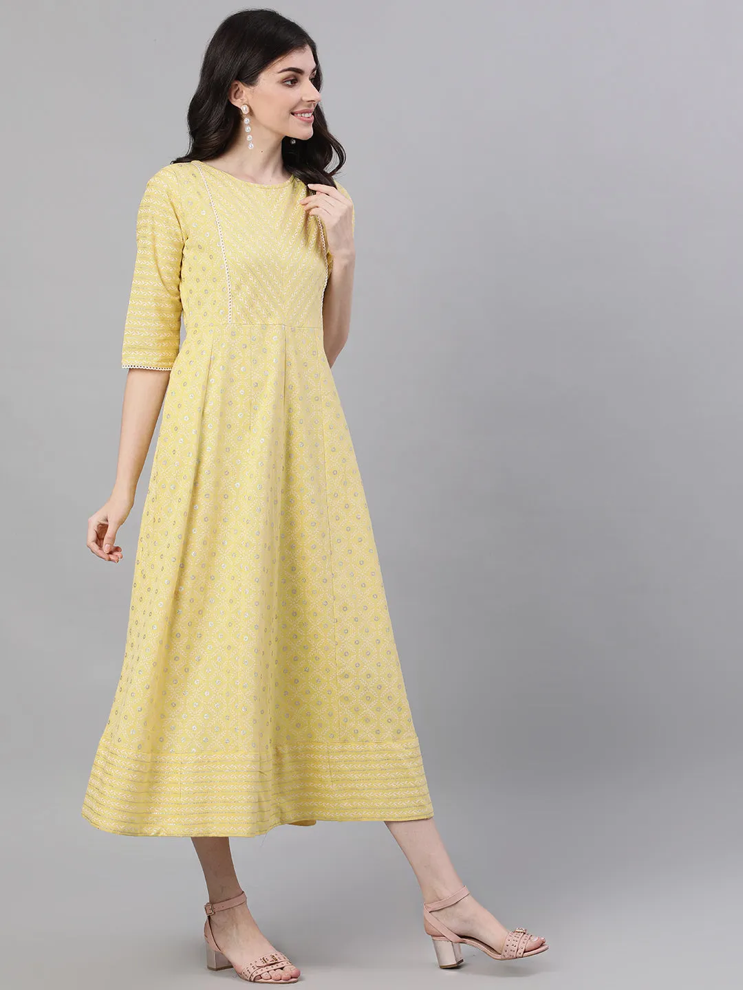 Women Lemon Yellow Ethnic Motifs Printed Round Neck Cotton Maxi Dress