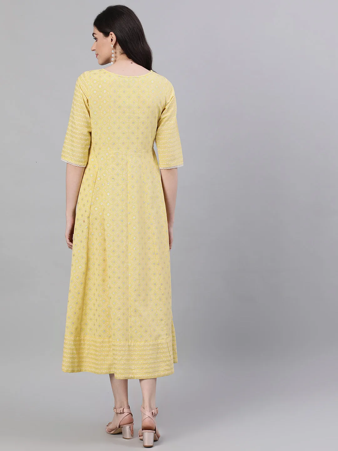 Women Lemon Yellow Ethnic Motifs Printed Round Neck Cotton Maxi Dress