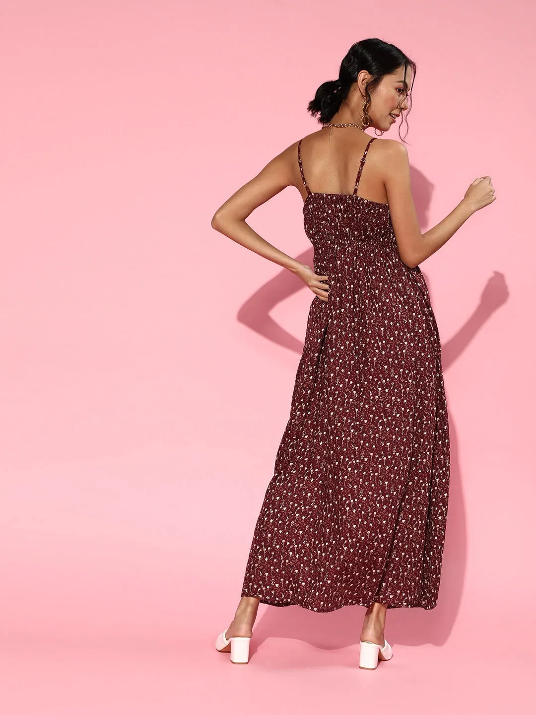 Women Maroon Floral Strappy Maxi Dress