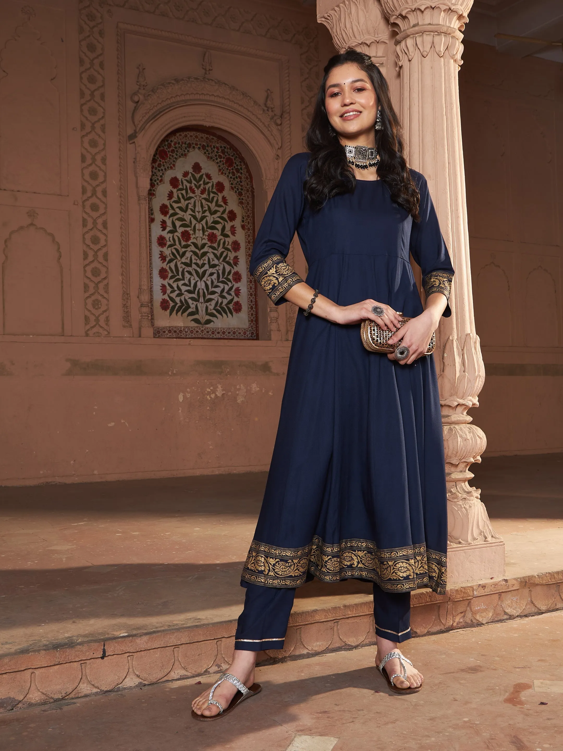 Women Navy Floral Foil Border Anarkali Kurta With Pants