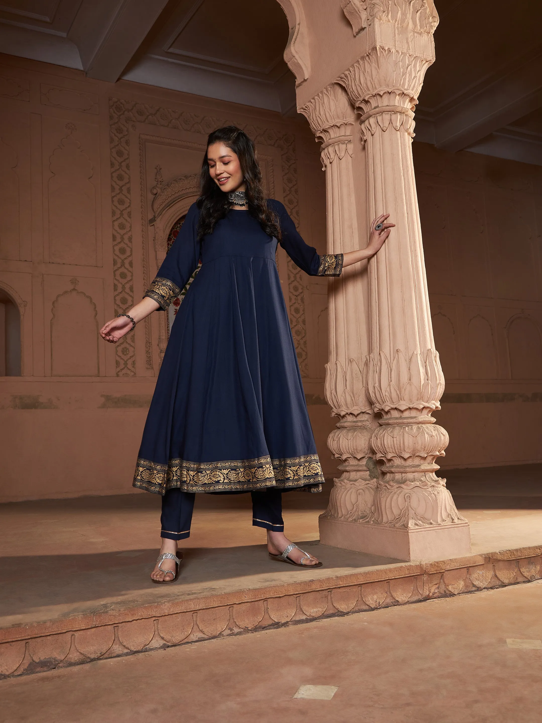 Women Navy Floral Foil Border Anarkali Kurta With Pants