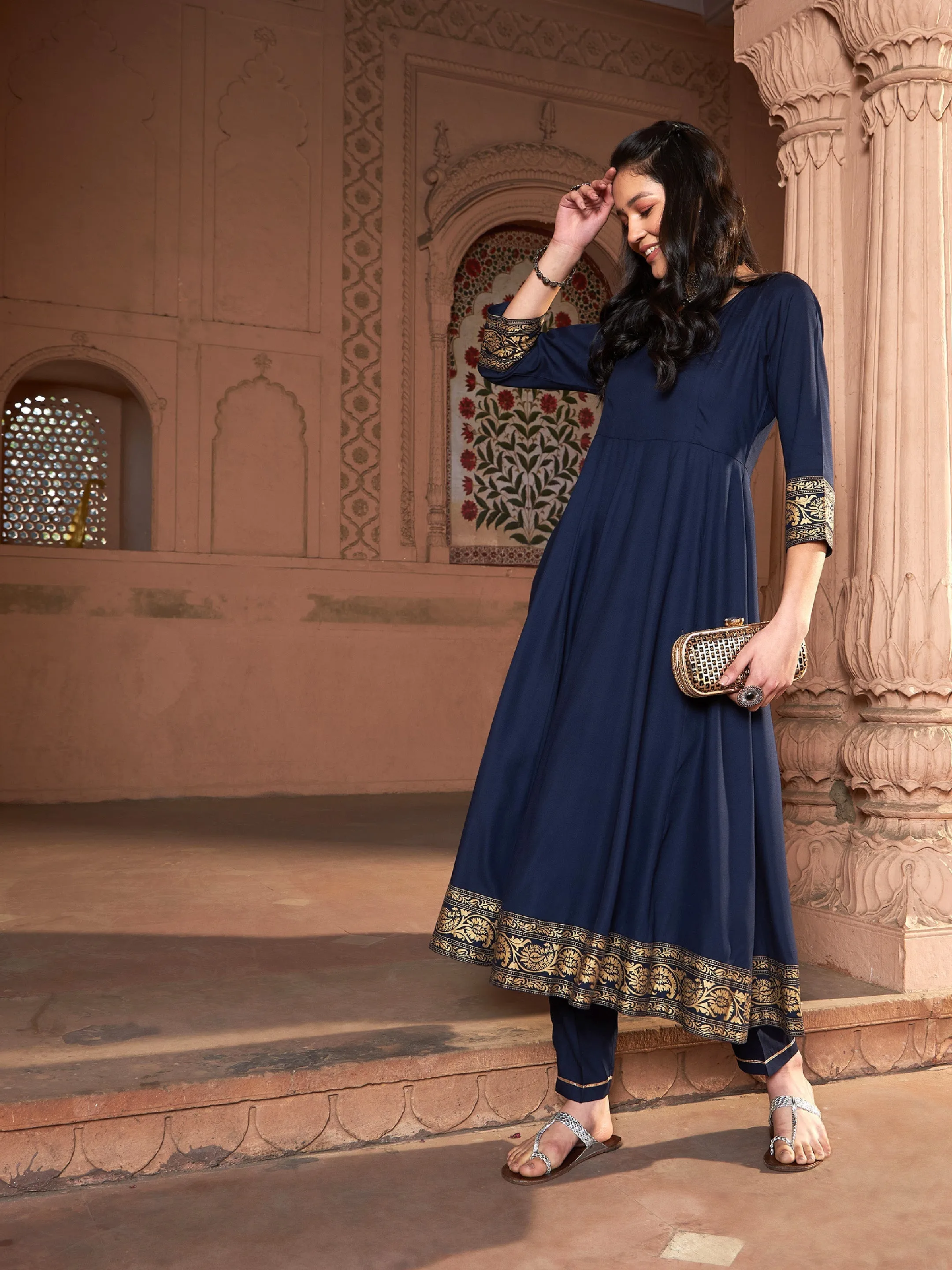 Women Navy Floral Foil Border Anarkali Kurta With Pants