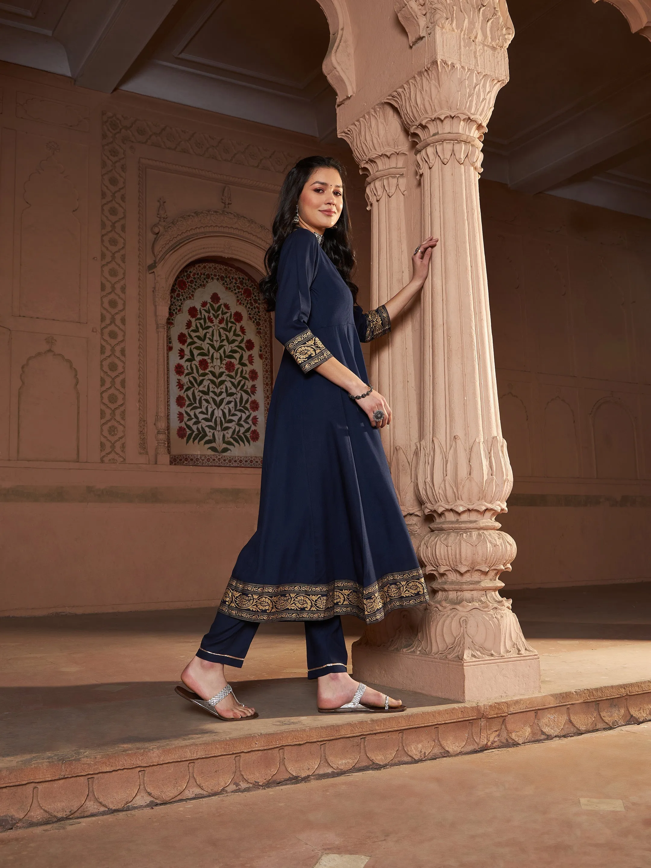 Women Navy Floral Foil Border Anarkali Kurta With Pants