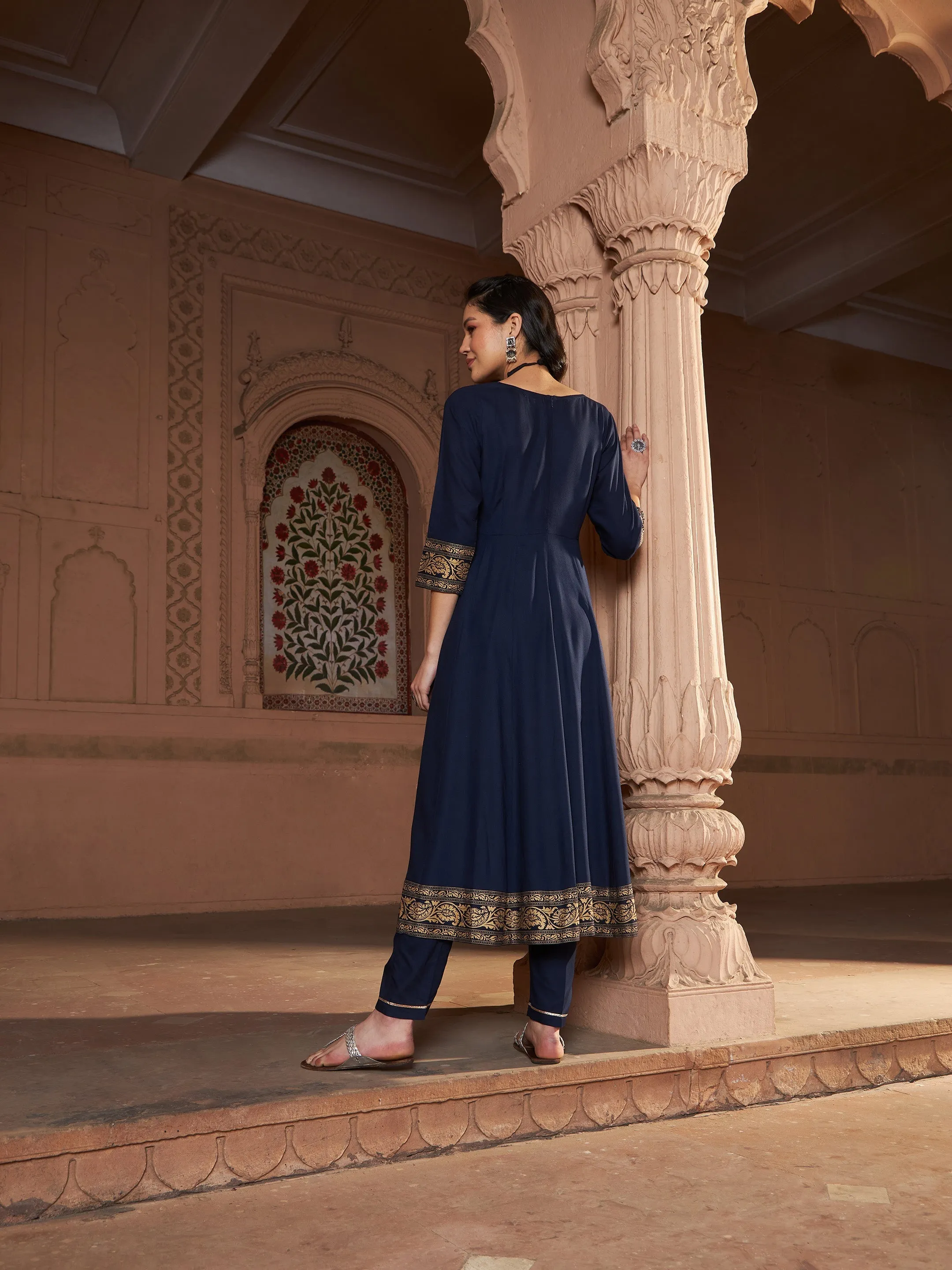 Women Navy Floral Foil Border Anarkali Kurta With Pants