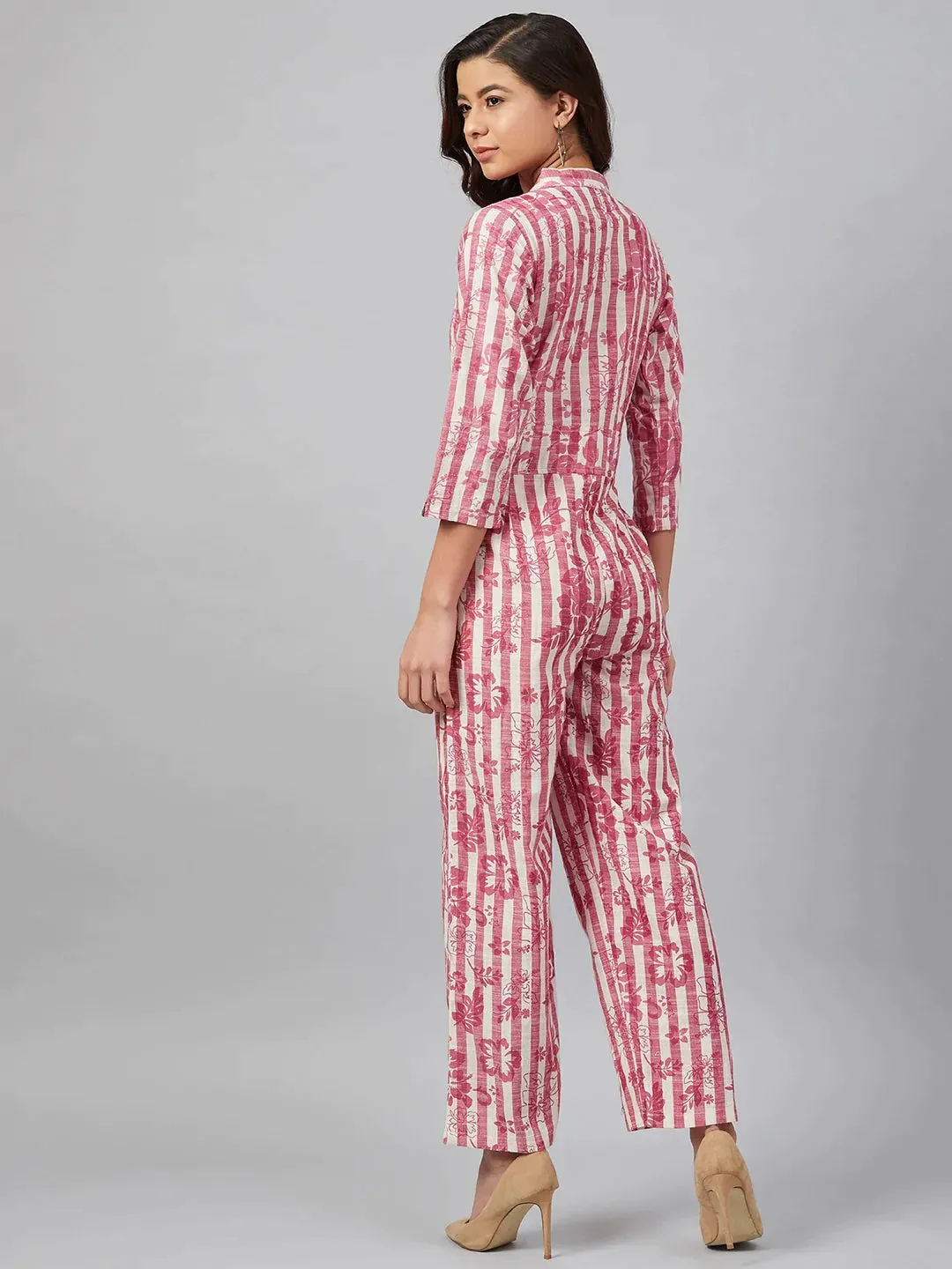 Women Off-White & Pink Striped Mandarin Collar Basic Jumpsuit