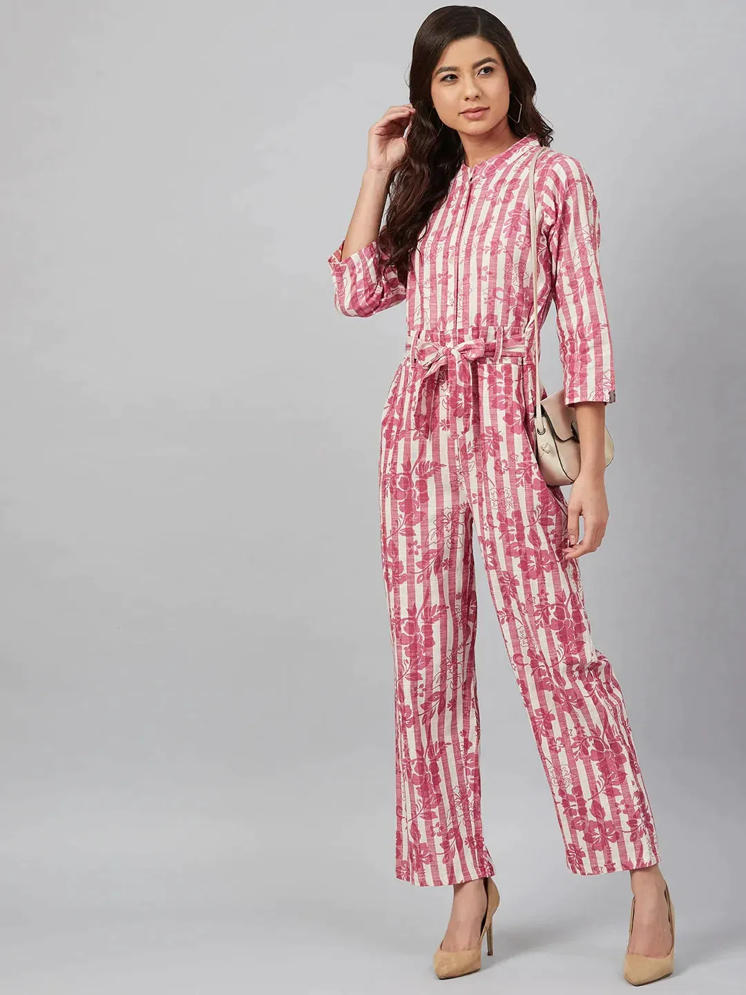 Women Off-White & Pink Striped Mandarin Collar Basic Jumpsuit