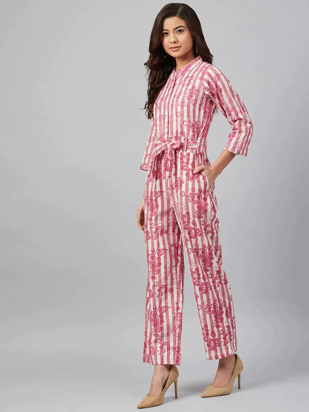 Women Off-White & Pink Striped Mandarin Collar Basic Jumpsuit