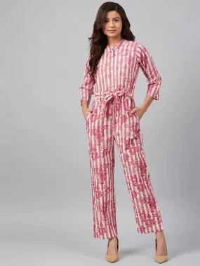 Women Off-White & Pink Striped Mandarin Collar Basic Jumpsuit