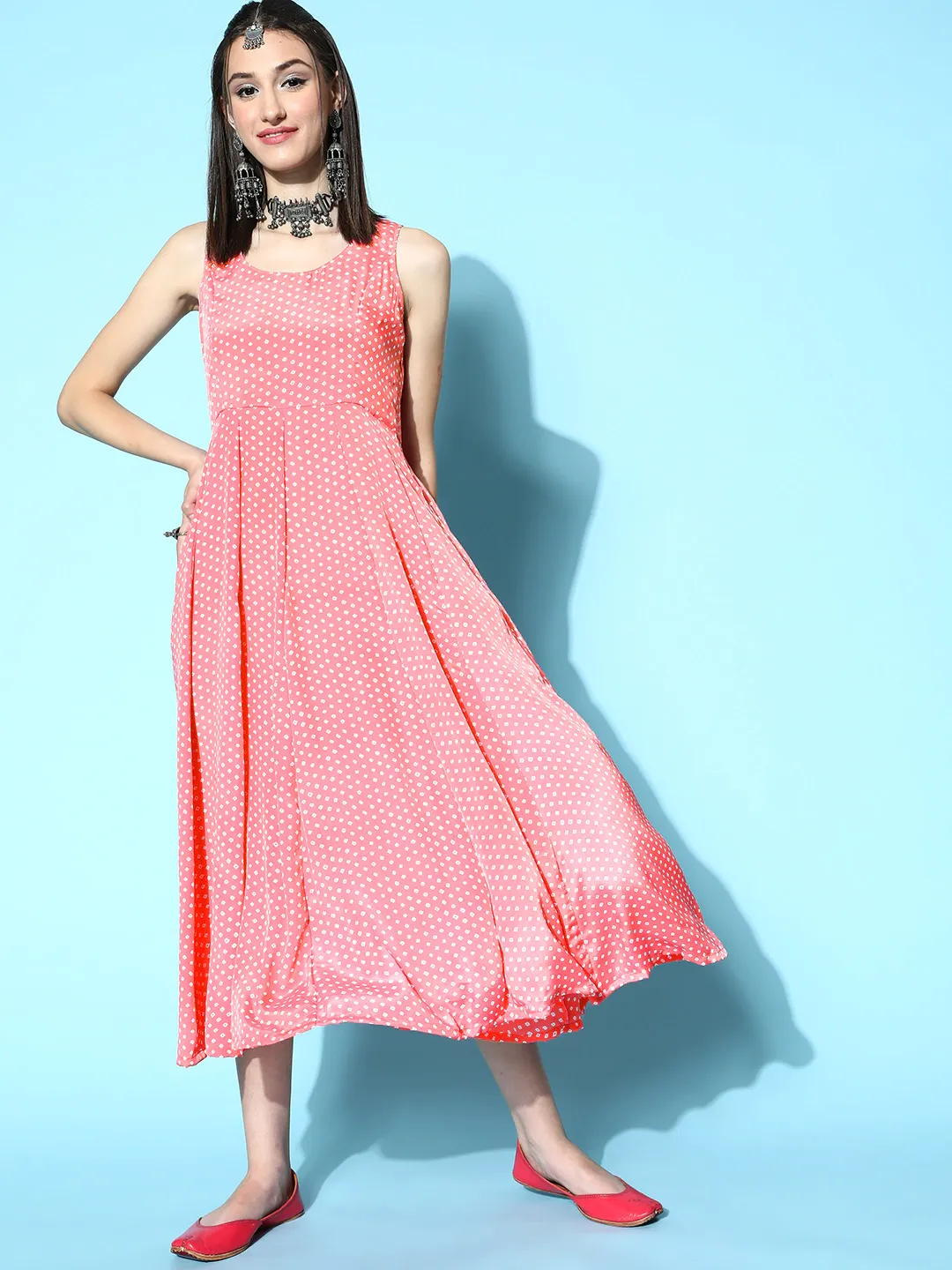 Women Pink Tie & Dye Sleeveless Anarkali Dress