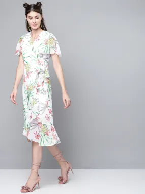 Women White Floral Wrap Midi Dress