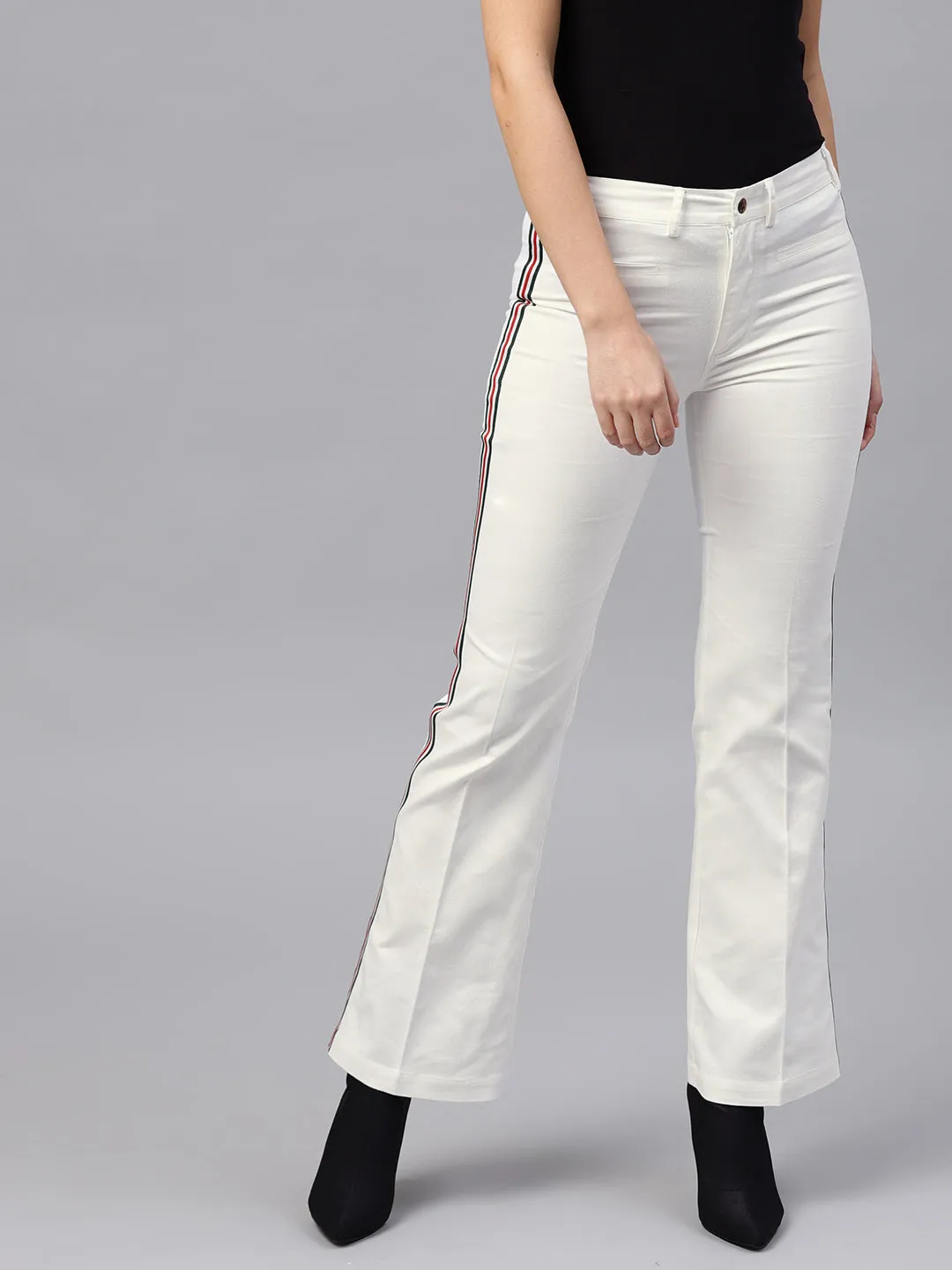 Women White Side Tape Bell Bottom Pants