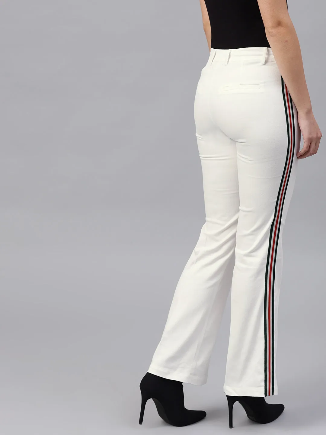 Women White Side Tape Bell Bottom Pants