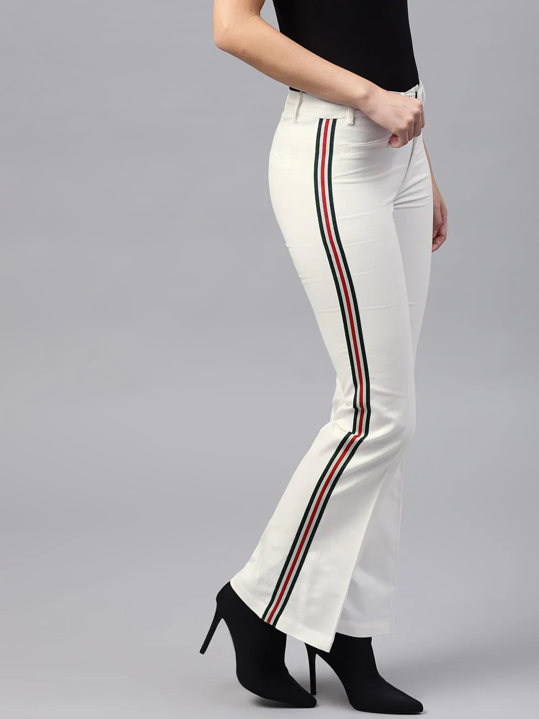 Women White Side Tape Bell Bottom Pants