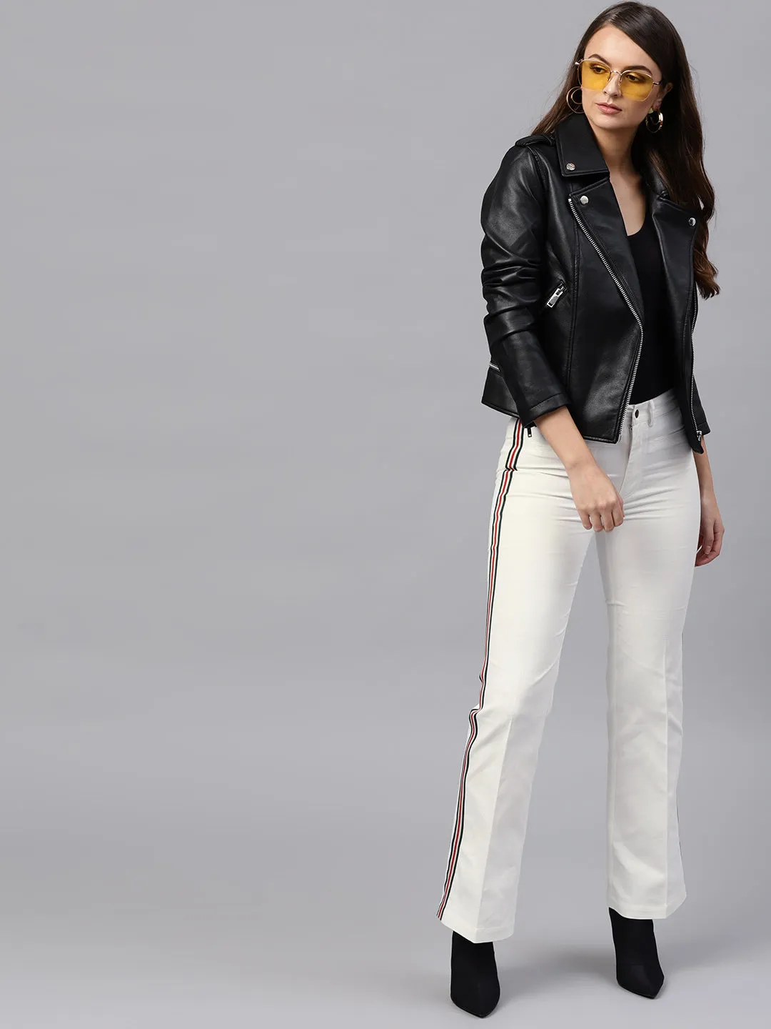 Women White Side Tape Bell Bottom Pants