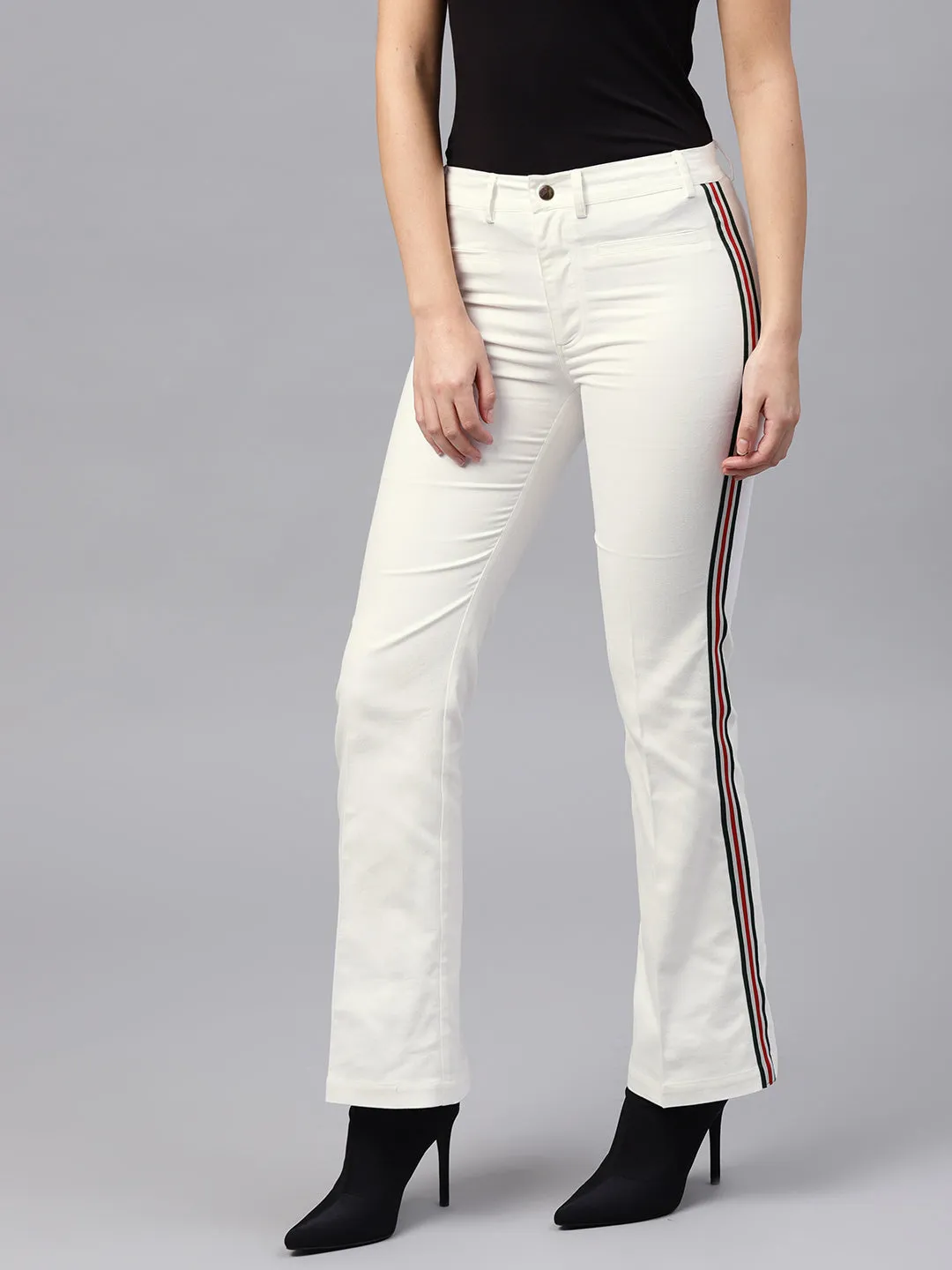 Women White Side Tape Bell Bottom Pants