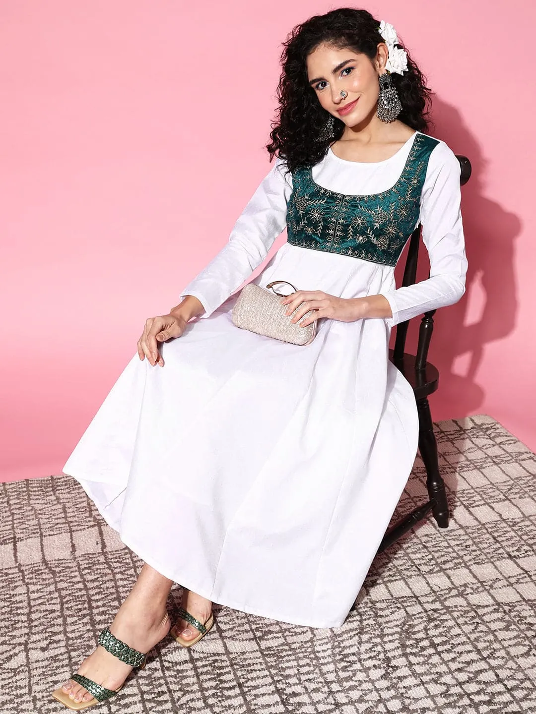 Women White Velvet Embroidered Jacket Anarkali Dress