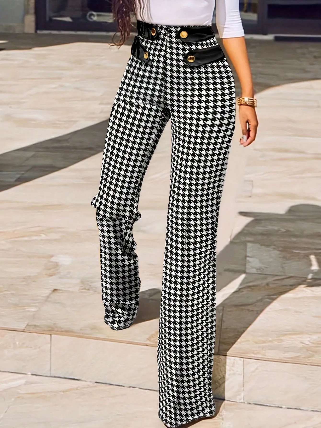 Women's Casual Plaid Houndstooth Flared Pants For Spring And Autumn