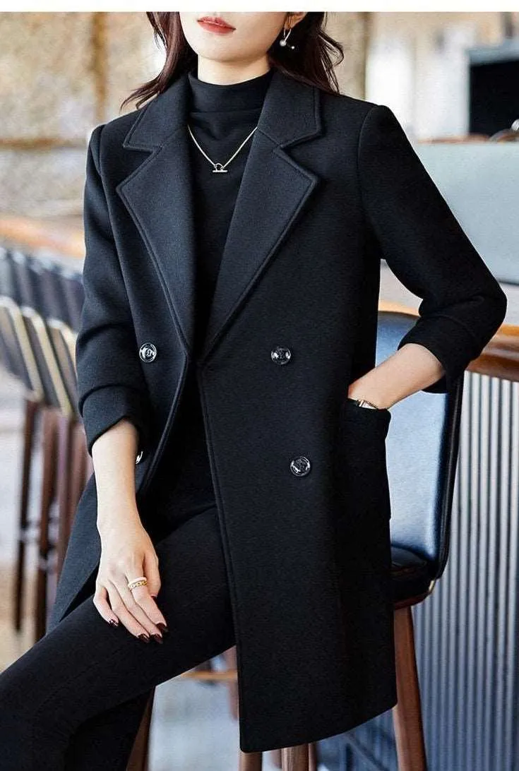 Women's Elegant Suit Jacket Black Double Breasted Coat