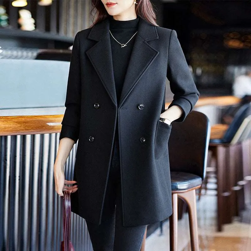 Women's Elegant Suit Jacket Black Double Breasted Coat