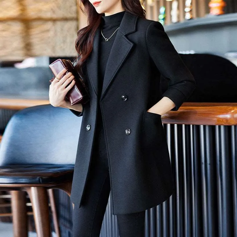 Women's Elegant Suit Jacket Black Double Breasted Coat