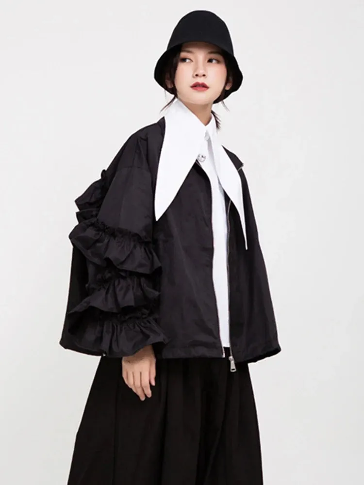 Women's Luxe Black Oversized Ruffled Jacket