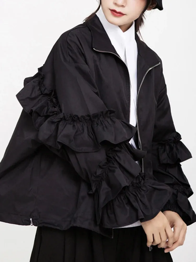 Women's Luxe Black Oversized Ruffled Jacket