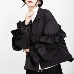 Women's Luxe Black Oversized Ruffled Jacket